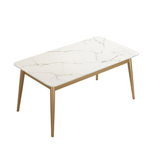 Luxury Rectangle Dining Room Table Sintered Stone Top Table with 4 Iron Legs White Gold