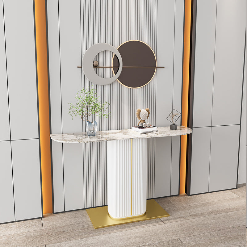 Glam Half Moon Slate Console Table Stain Resistant Pedestal Sofa Console Table White-Gray Clearhalo 'Console Tables' 'console_tables' 'Entry & Mudroom Furniture' 'furn' 'furn_console_tables' 'Furniture' 5593605