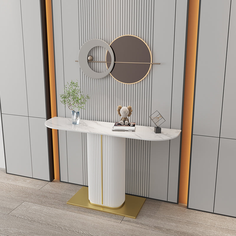 Glam Half Moon Slate Console Table Stain Resistant Pedestal Sofa Console Table 39.5"L x 10"W x 31.5"H White Clearhalo 'Console Tables' 'console_tables' 'Entry & Mudroom Furniture' 'furn' 'furn_console_tables' 'Furniture' 5593608