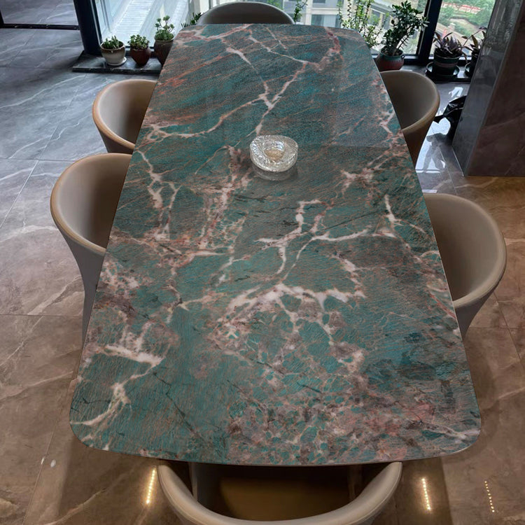 Rectangular Stone Dining Table Modern Green White Gold Furniture with Double Pedestal
