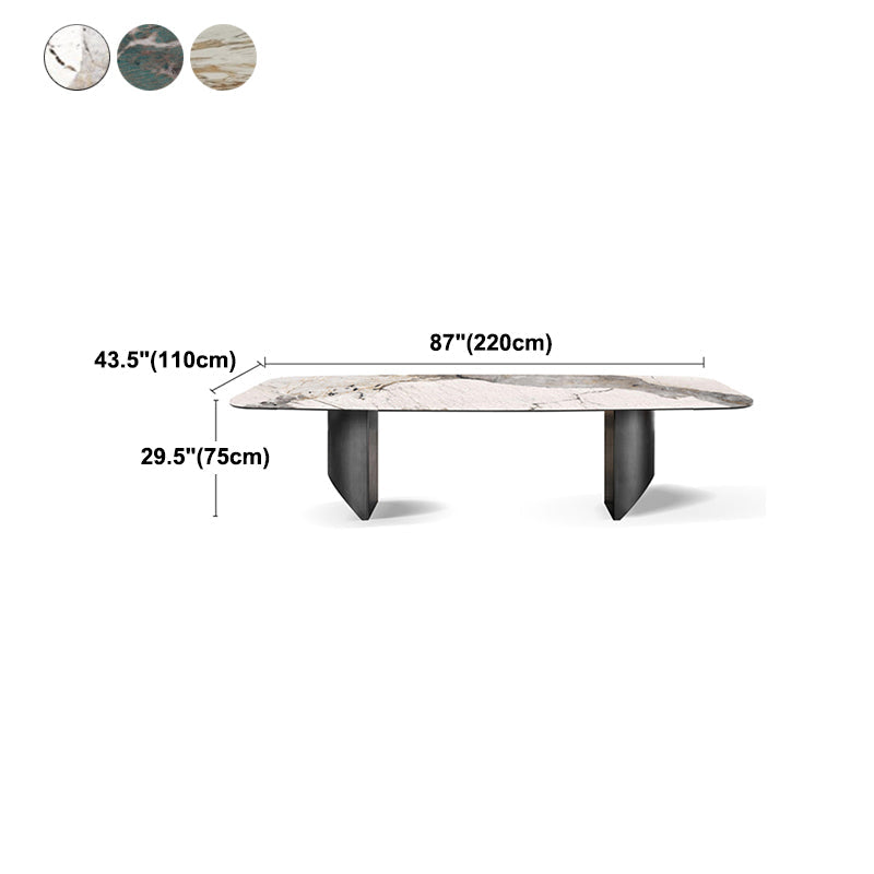 Rectangular Stone Dining Table Modern Green White Gold Furniture with Double Pedestal