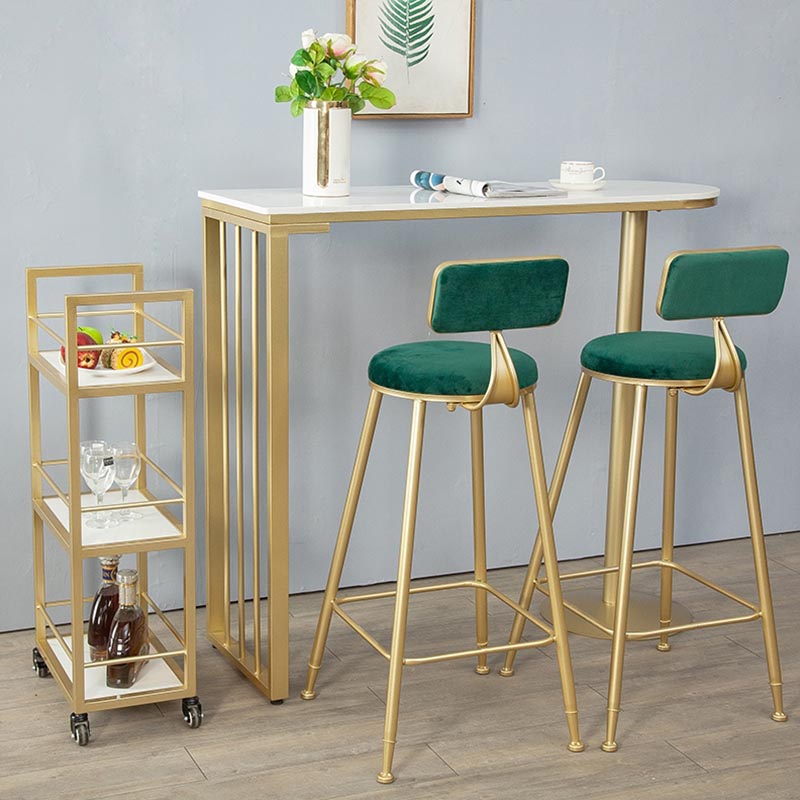 Glam Style Bar Table Faux Marble Bar Wine Table with Double pedestal 63"L x 15.7"W x 41.3"H Gold Without Chairs Clearhalo 'Bar Furniture' 'Bar Tables' 'bar_tables' 'furn' 'furn_bar_tables' 'Furniture' 'Kitchen & Dining Furniture' 5598592