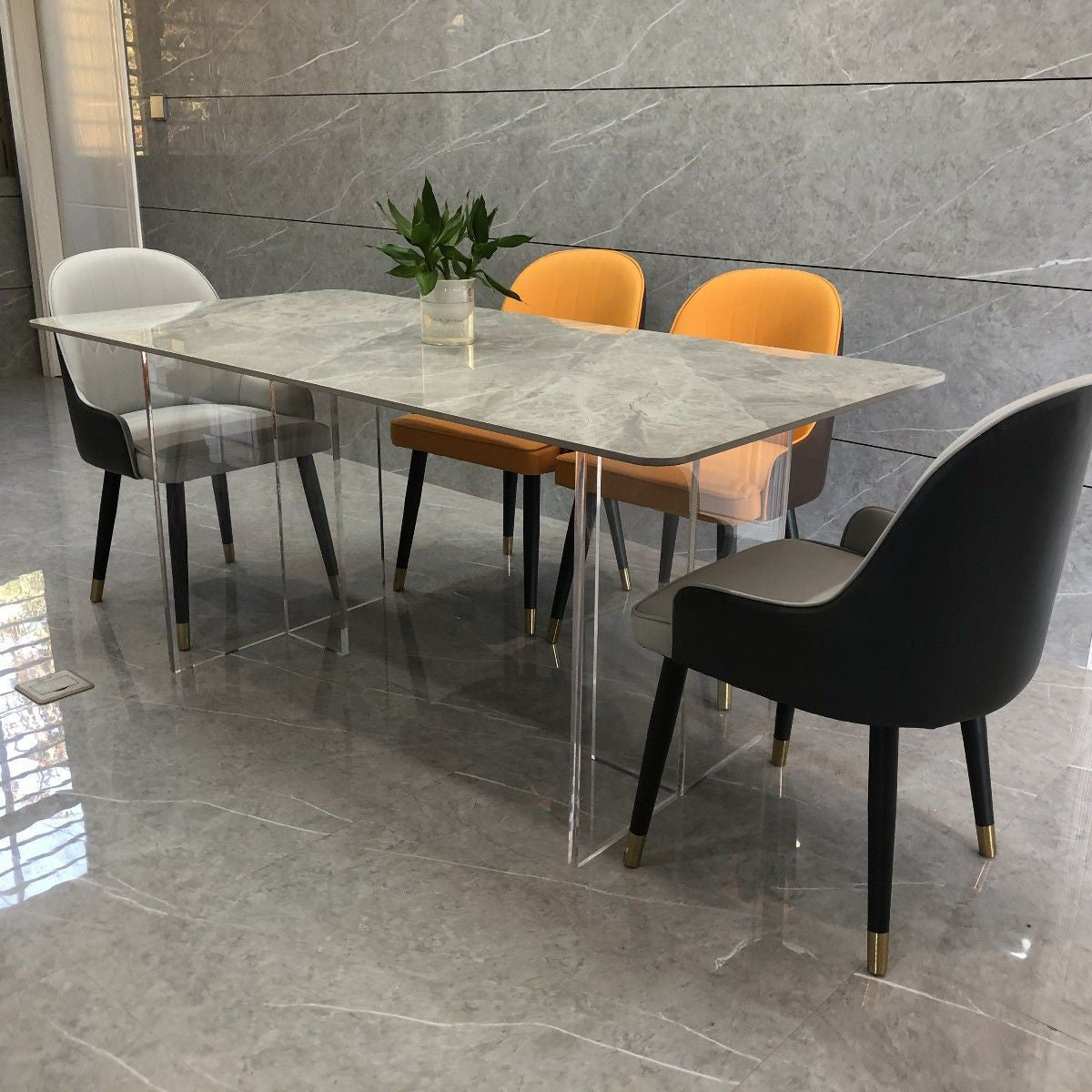 Rectangular Stone Dining Table Acrylic Furniture with Double Pedestal in Matte Finish Gray Without Chairs Clearhalo 'Dining Tables & Seating' 'Dining Tables' 'dining_table' 'furn' 'furn_dining_table' 'Furniture' 'Kitchen & Dining Furniture' 5599489