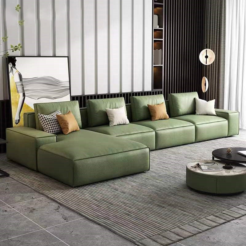 Square Arm 3/4-Seater Sofa & Chaise Green Faux Leather Sectional