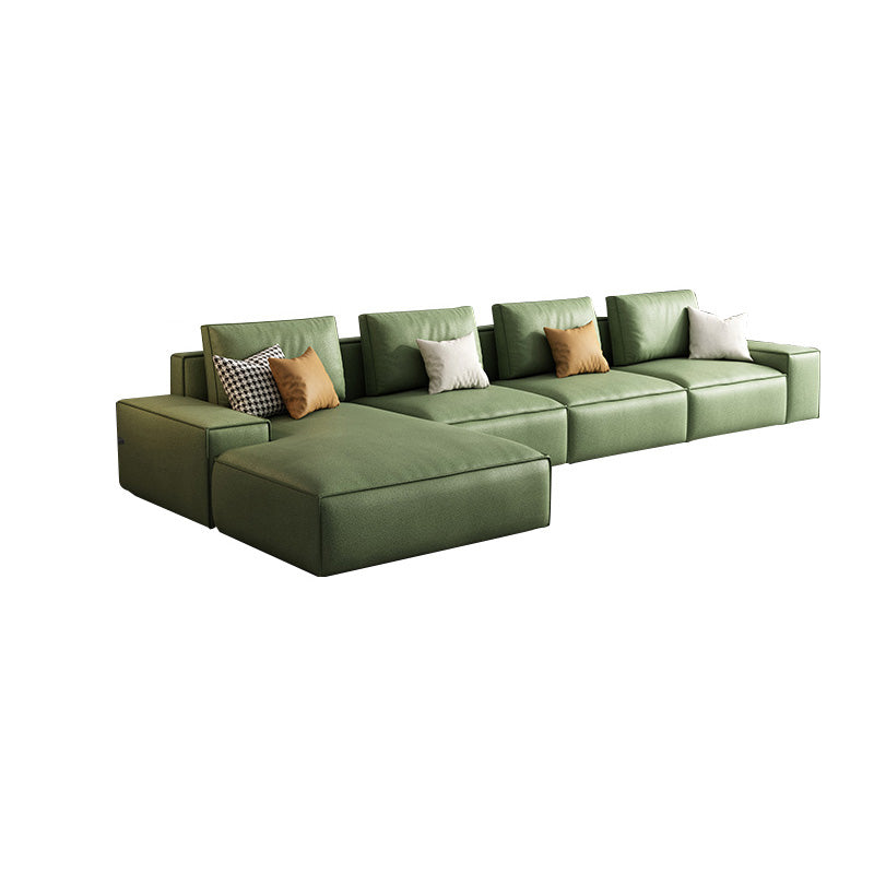 Square Arm 3/4-Seater Sofa & Chaise Green Faux Leather Sectional