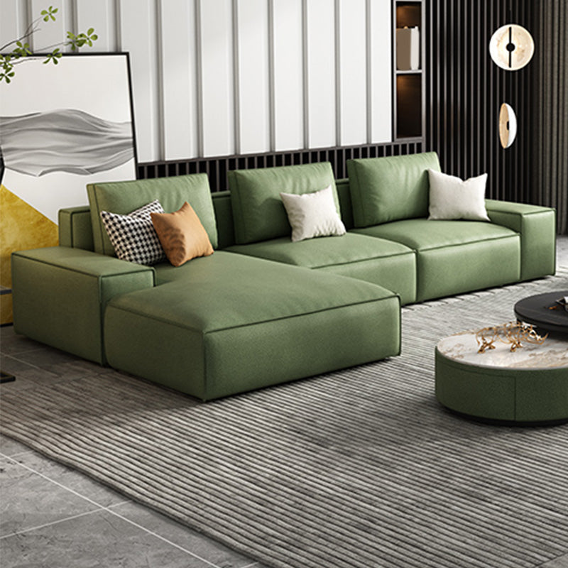 Square Arm 3/4-Seater Sofa & Chaise Green Faux Leather Sectional