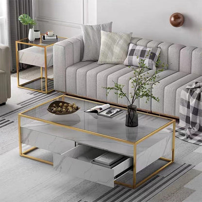 17.7" H Modern Rectangle Glass Coffee Table Metal Frame Cocktail Table with Storage Gold-White Clearhalo 'Coffee & Accent Tables' 'Coffee Tables' 'coffee_tables' 'furn' 'furn_coffee_tables' 'Furniture' 'Living Room Furniture' 5602298