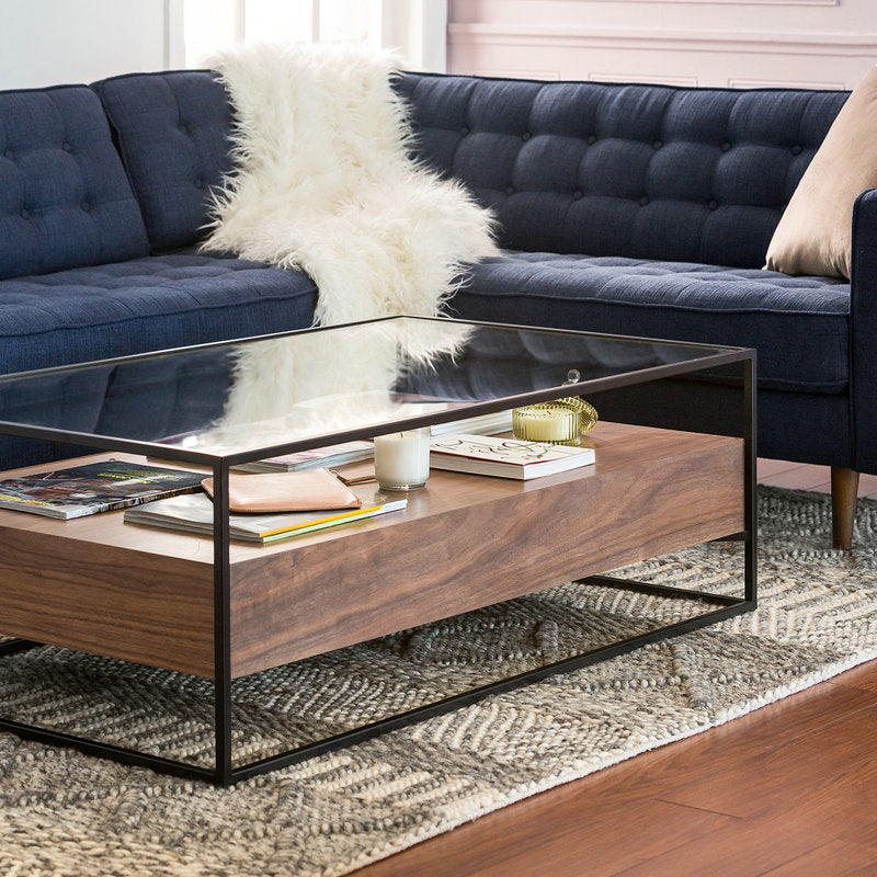 17.7" H Modern Rectangle Glass Coffee Table Metal Frame Cocktail Table with Storage Clearhalo 'Coffee & Accent Tables' 'Coffee Tables' 'coffee_tables' 'furn' 'furn_coffee_tables' 'Furniture' 'Living Room Furniture' 5602304