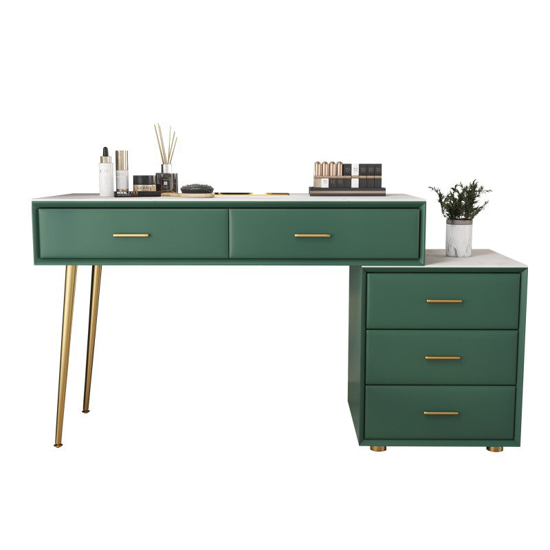 Genuine Leather Vanity Set 5 Storage Drawers Dressing Table with Padded Stool Makeup Vanity 39.4"L x 15.7"W x 29.5"H Green Clearhalo 'Bedroom Furniture' 'furn' 'furn_makeup_vanities' 'Furniture' 'Makeup Vanities' 'makeup_vanities' 5604599