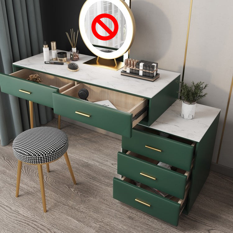 Genuine Leather Vanity Set 5 Storage Drawers Dressing Table with Padded Stool Makeup Vanity & Stools 47"L x 16"W x 30"H Green Clearhalo 'Bedroom Furniture' 'furn' 'furn_makeup_vanities' 'Furniture' 'Makeup Vanities' 'makeup_vanities' 5604603