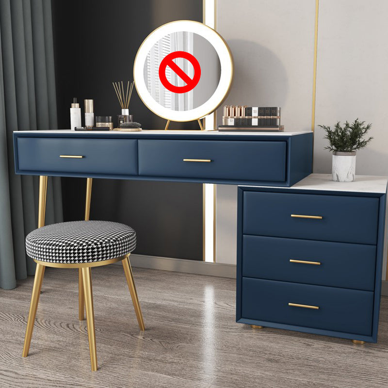 Genuine Leather Vanity Set 5 Storage Drawers Dressing Table with Padded Stool Makeup Vanity & Stools 47"L x 16"W x 30"H Blue Clearhalo 'Bedroom Furniture' 'furn' 'furn_makeup_vanities' 'Furniture' 'Makeup Vanities' 'makeup_vanities' 5604604