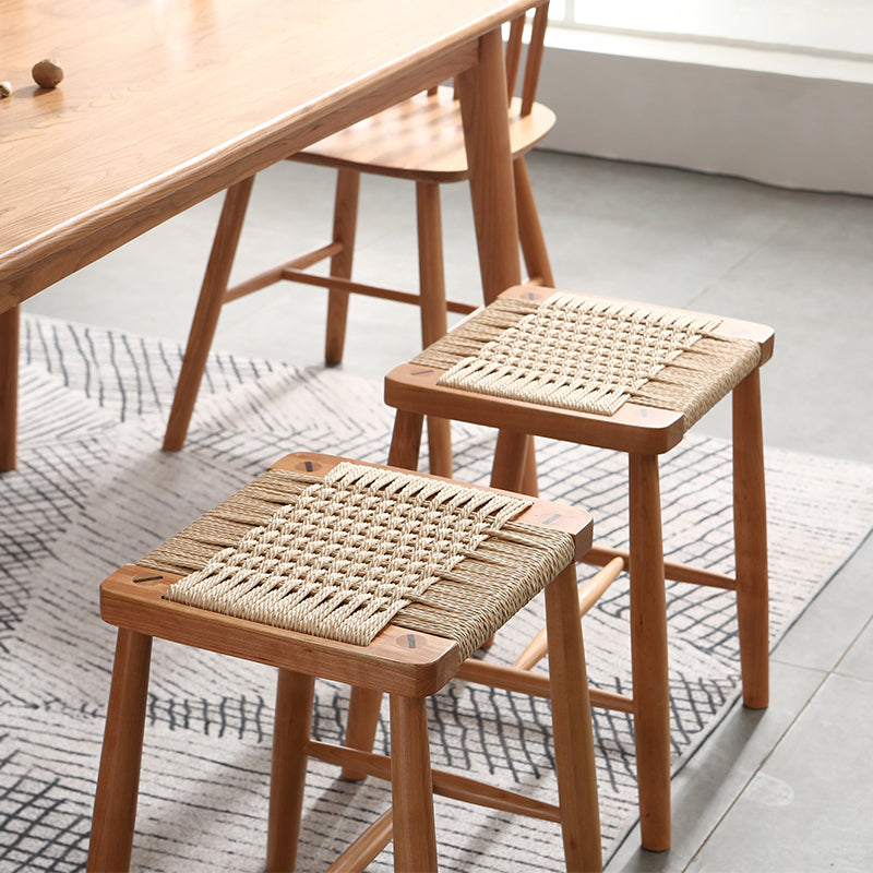 Modern Armless Backless Counter Stool Wood Bedroom Bar Stool with Rattan Cushion