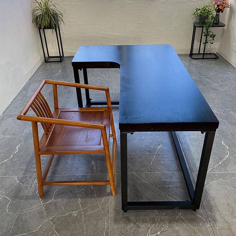 モダンスタイルのソリッドウッドオフィスデスクブラックL字型ベッドルームタスクデスク