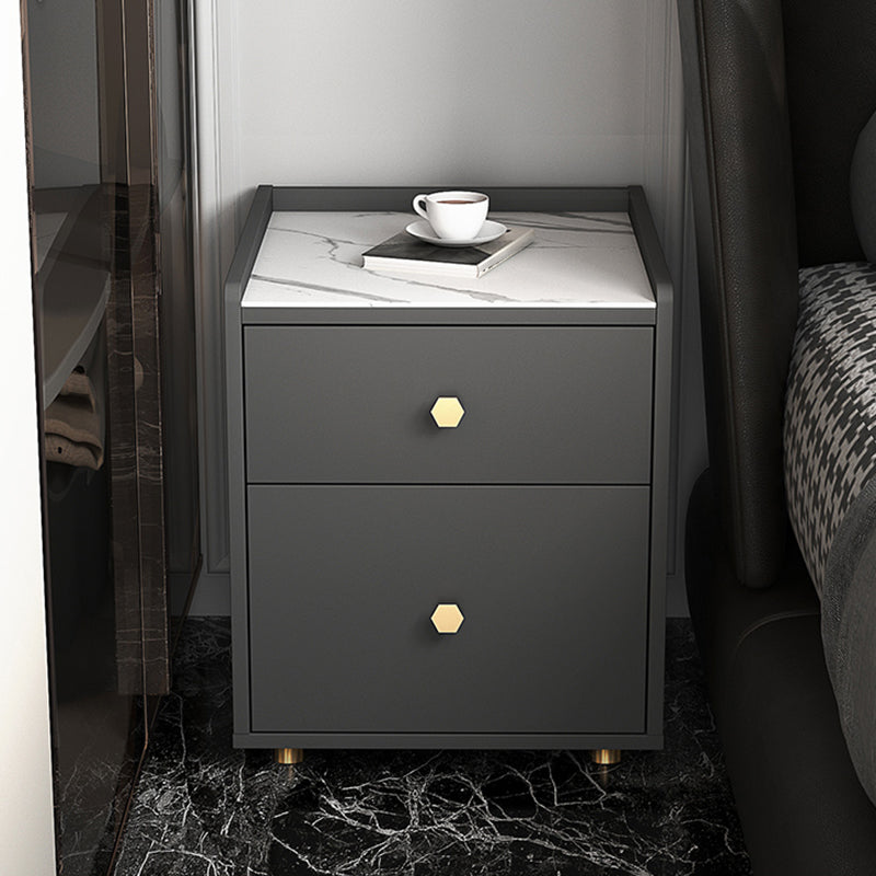 Glam Stone Top Bed Nightstand 2-Drawer Imitation Wood Legs Included Night Table 16"L x 16"W x 19"H Grey Clearhalo 'Bedroom Furniture' 'furn' 'furn_night_stand' 'Furniture' 'night_stand' 'Nightstands' 5609472