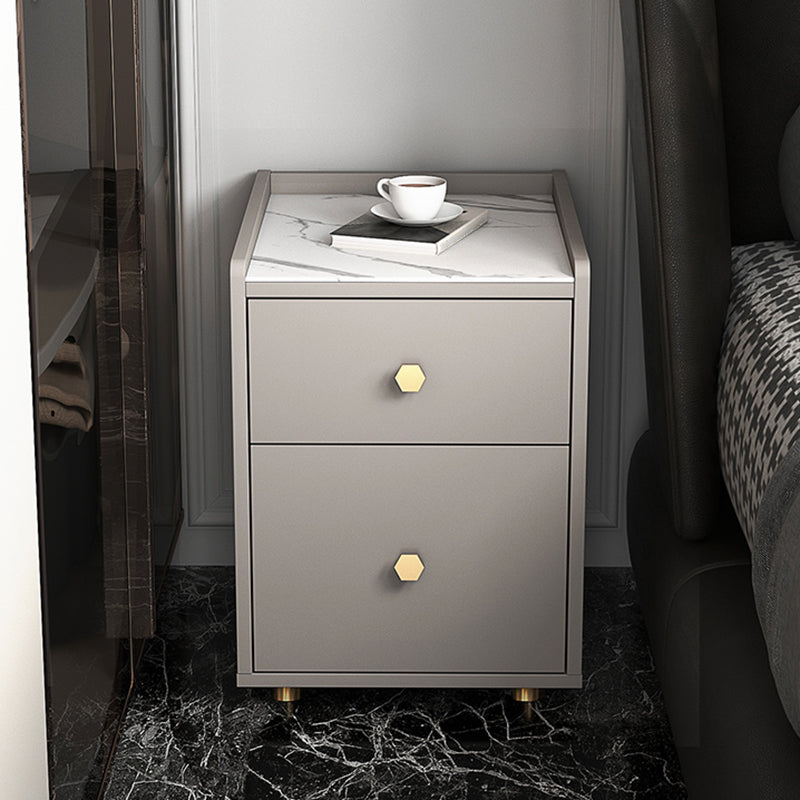 Glam Stone Top Bed Nightstand 2-Drawer Imitation Wood Legs Included Night Table 14"L x 16"W x 19"H Champagne Clearhalo 'Bedroom Furniture' 'furn' 'furn_night_stand' 'Furniture' 'night_stand' 'Nightstands' 5609483