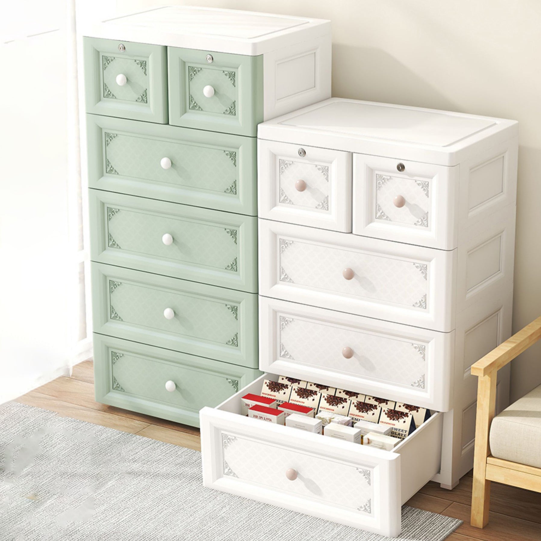White/Blue/Green Lingerie Chest Contemporary Plastic Chest with Drawers for Bedroom Clearhalo 'Bedroom Furniture' 'Dressers & Chests' 'dressers_chests' 'furn' 'furn_dressers_chests' 'Furniture' 5609813