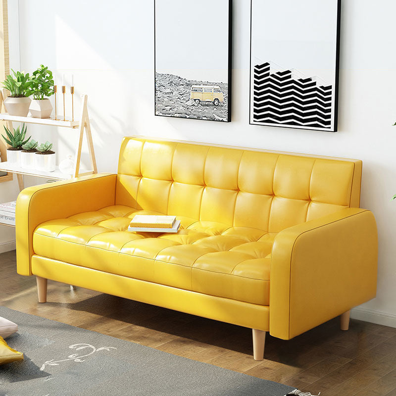 Contemporary Biscuit Back Standard Square Arm Genuine Leather Sofa Yellow Clearhalo 'furn' 'furn_sofas' 'Furniture' 'Living Room Furniture' 'Sofa' 'sofas' 5611675