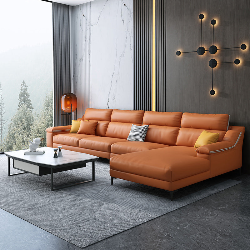 Faux leather Sloped Arms Sectionals,133" * 34" * 38" Sectional Sofa Orange Clearhalo 'furn' 'furn_sectionals' 'Furniture' 'Living Room Furniture' 'Sectionals' 5611793