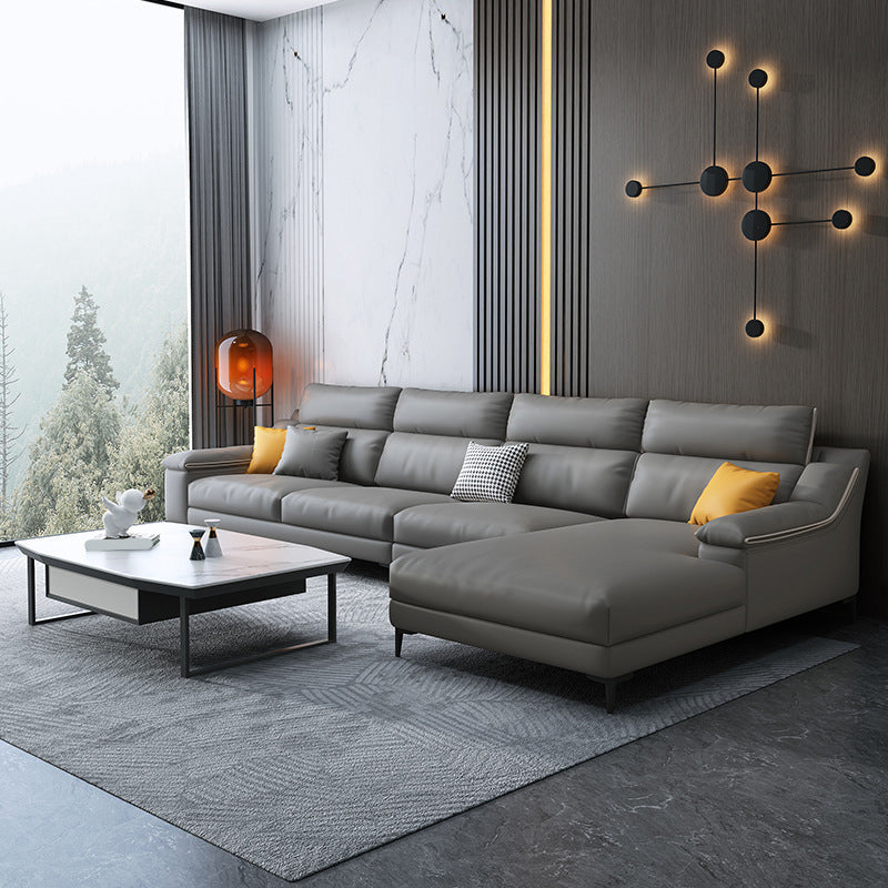 Faux leather Sloped Arms Sectionals,133" * 34" * 38" Sectional Sofa Grey Clearhalo 'furn' 'furn_sectionals' 'Furniture' 'Living Room Furniture' 'Sectionals' 5611795