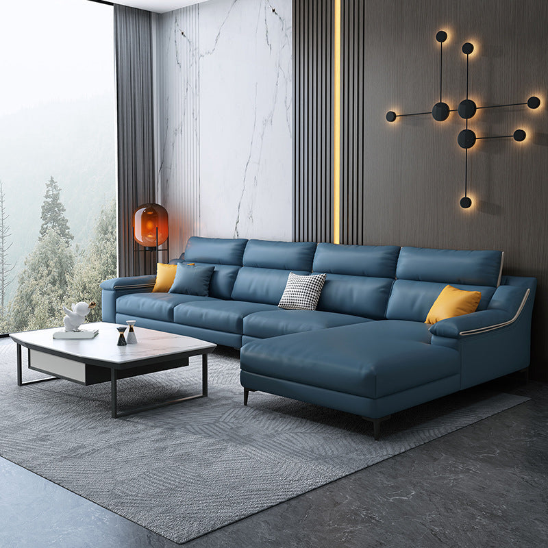 Faux leather Sloped Arms Sectionals,133" * 34" * 38" Sectional Sofa Blue Clearhalo 'furn' 'furn_sectionals' 'Furniture' 'Living Room Furniture' 'Sectionals' 5611801