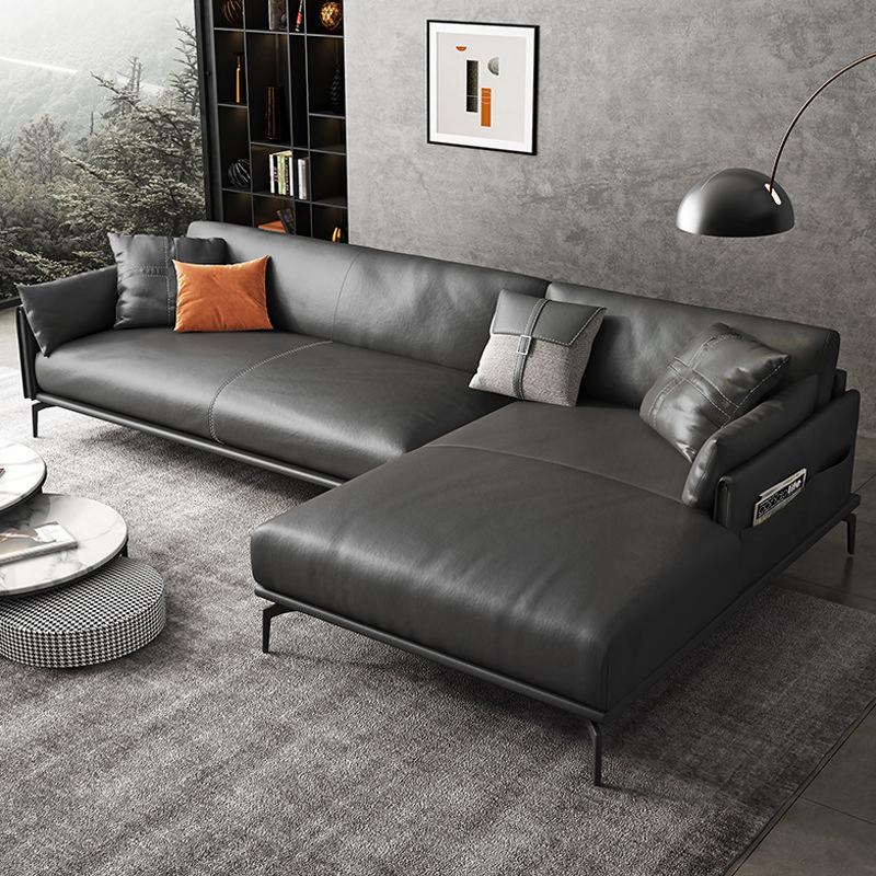 Scandinavian Dark Gray Stain-Resistant Storage Grain Leather Sofa & Chaise 102"L x 67"W x 33.5"H Right Clearhalo 'furn' 'furn_sectionals' 'Furniture' 'Living Room Furniture' 'Sectionals' 5611887