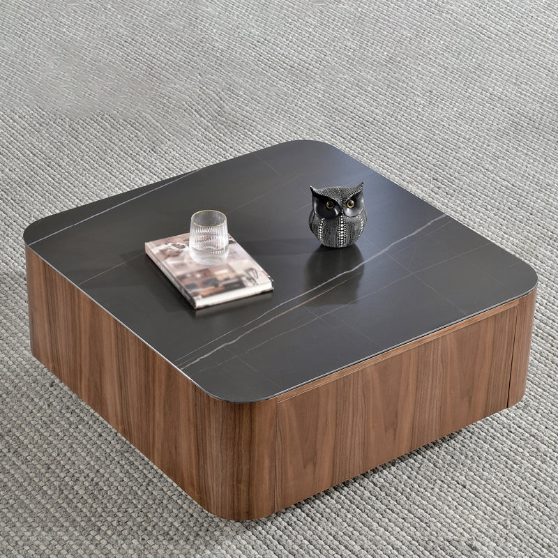 Square Square Block Base Design Slate Plate Table Plate with Drawer Coffee Table Walnut Black Clearhalo 'Coffee & Accent Tables' 'Coffee Tables' 'coffee_tables' 'furn' 'furn_coffee_tables' 'Furniture' 'Living Room Furniture' 5612155