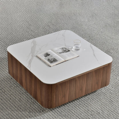 Square Square Block Base Design Slate Plate Table Plate with Drawer Coffee Table Walnut White Clearhalo 'Coffee & Accent Tables' 'Coffee Tables' 'coffee_tables' 'furn' 'furn_coffee_tables' 'Furniture' 'Living Room Furniture' 5612156