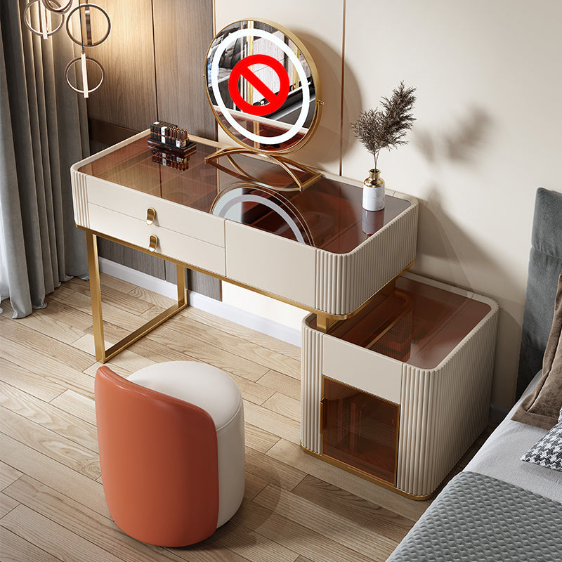 Glam Beige Makeup Vanity Set 30" Tall Glass/Slate Top Dressing Table Makeup Vanity & Stools 47"L x 18"W x 30"H Glass Clearhalo 'Bedroom Furniture' 'furn' 'furn_makeup_vanities' 'Furniture' 'Makeup Vanities' 'makeup_vanities' 5614612