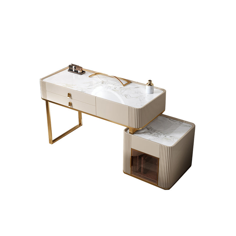 Glam Beige Makeup Vanity Set 30" Tall Glass/Slate Top Dressing Table Makeup Vanity 39.5"L x 18"W x 30"H Stone Clearhalo 'Bedroom Furniture' 'furn' 'furn_makeup_vanities' 'Furniture' 'Makeup Vanities' 'makeup_vanities' 5614614