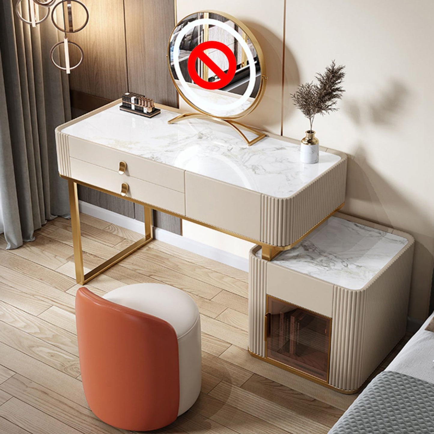 Glam Beige Makeup Vanity Set 30" Tall Glass/Slate Top Dressing Table Makeup Vanity & Stools 39.5"L x 18"W x 30"H Stone Clearhalo 'Bedroom Furniture' 'furn' 'furn_makeup_vanities' 'Furniture' 'Makeup Vanities' 'makeup_vanities' 5614618