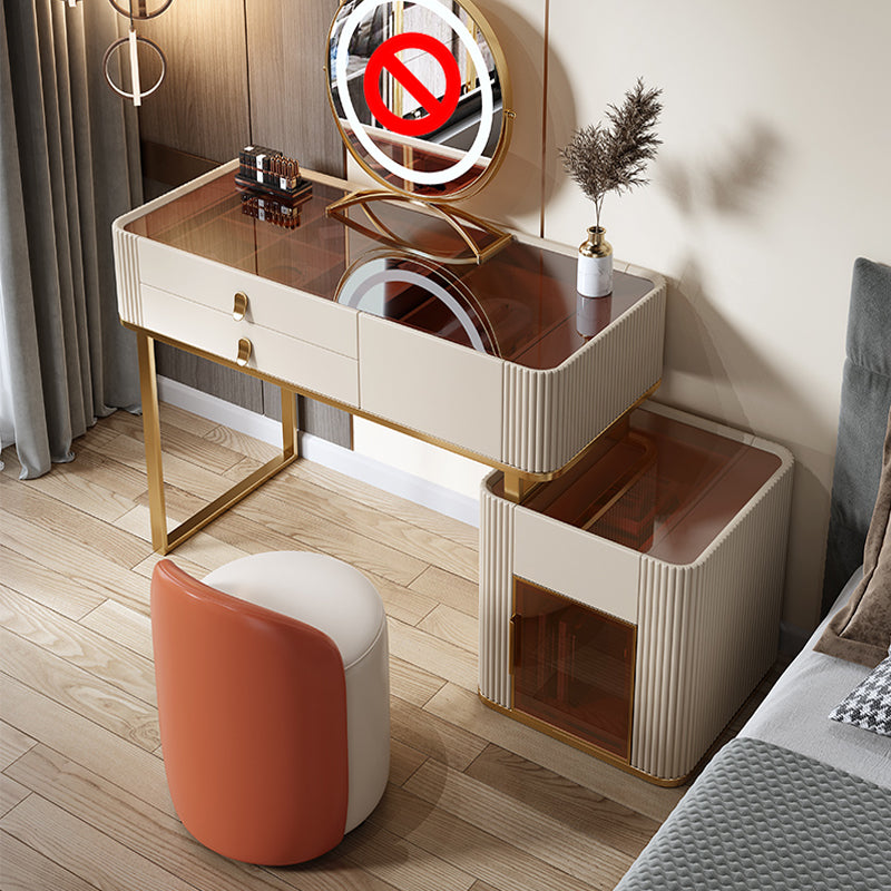 Glam Beige Makeup Vanity Set 30" Tall Glass/Slate Top Dressing Table Makeup Vanity & Stools 31.5"L x 18"W x 30"H Glass Clearhalo 'Bedroom Furniture' 'furn' 'furn_makeup_vanities' 'Furniture' 'Makeup Vanities' 'makeup_vanities' 5614624