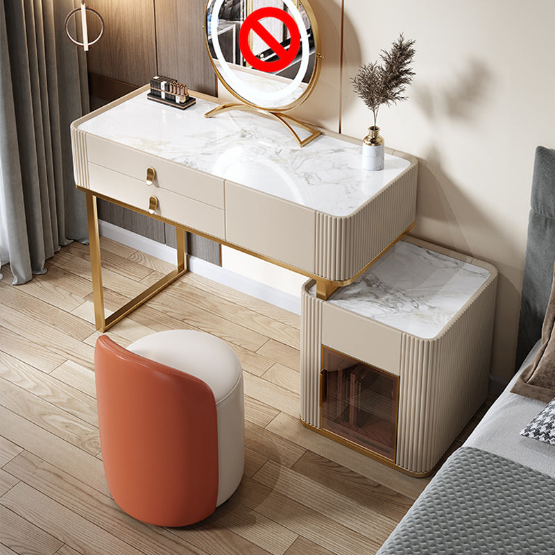 Glam Beige Makeup Vanity Set 30" Tall Glass/Slate Top Dressing Table Makeup Vanity & Stools 31.5"L x 18"W x 30"H Stone Clearhalo 'Bedroom Furniture' 'furn' 'furn_makeup_vanities' 'Furniture' 'Makeup Vanities' 'makeup_vanities' 5614625