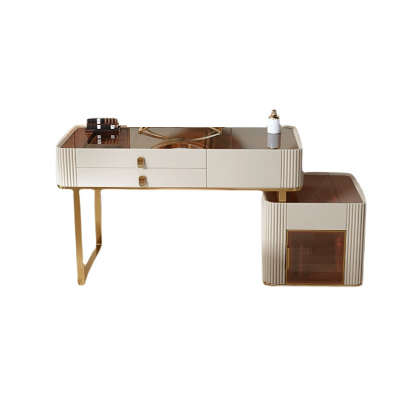 Glam Beige Makeup Vanity Set 30" Tall Glass/Slate Top Dressing Table Makeup Vanity 47"L x 18"W x 30"H Glass Clearhalo 'Bedroom Furniture' 'furn' 'furn_makeup_vanities' 'Furniture' 'Makeup Vanities' 'makeup_vanities' 5614627