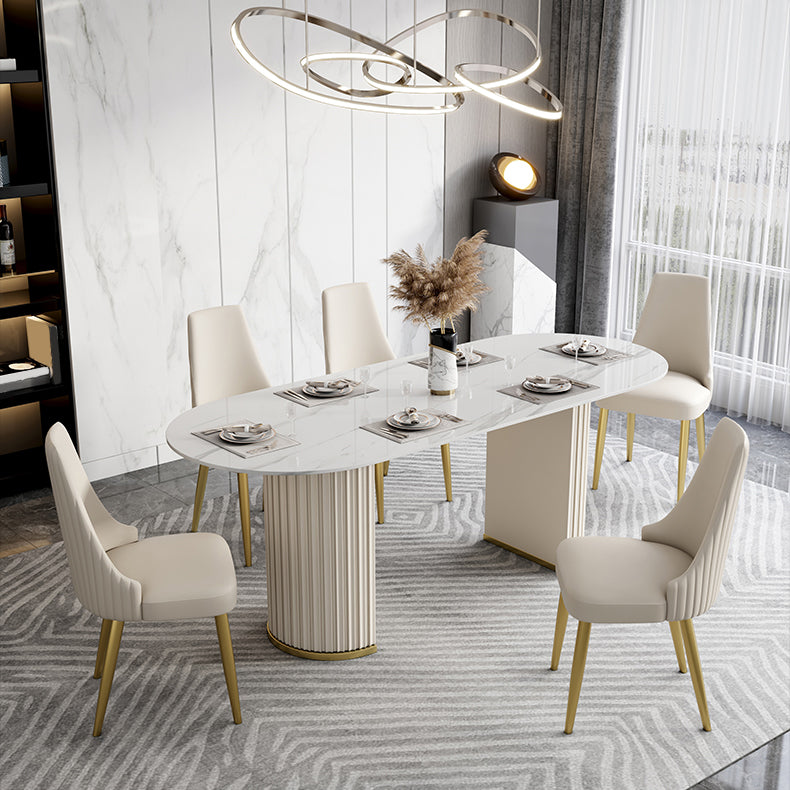 Mesa de piedra sinterizada de lujo mesa blanca ovalada con pedestal doble