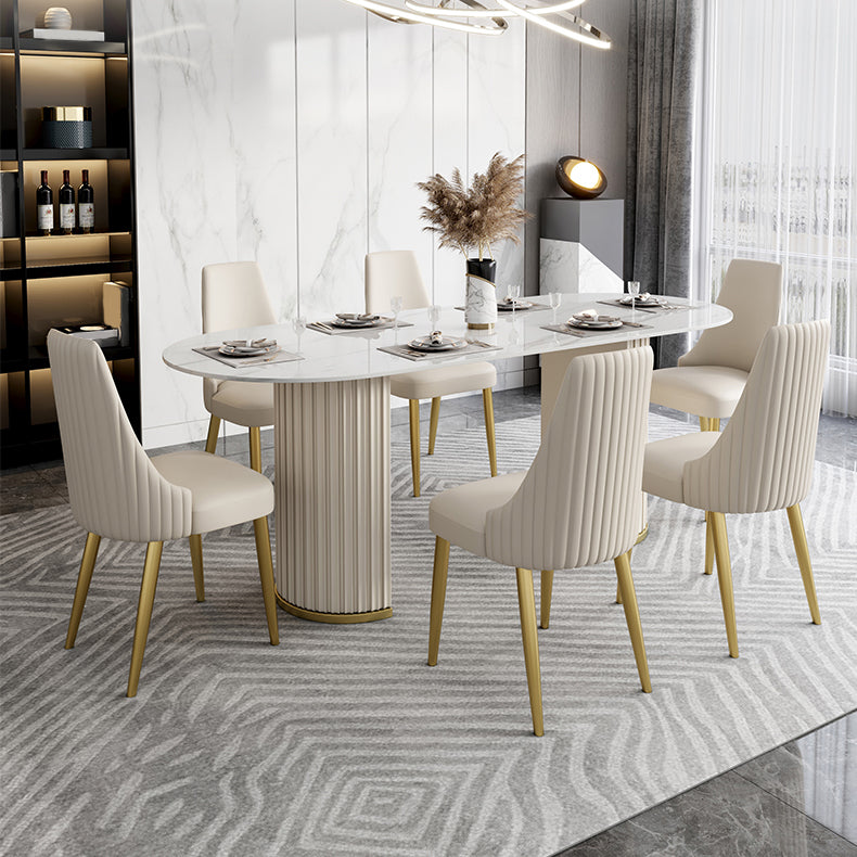 Mesa de piedra sinterizada de lujo mesa blanca ovalada con pedestal doble