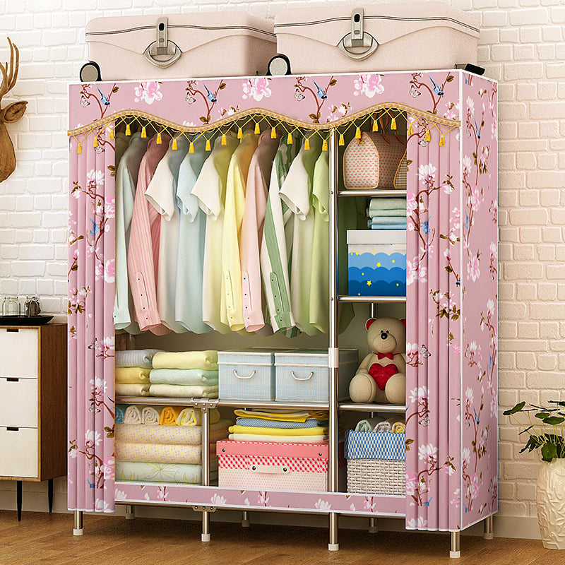 Contemporary Folding Wardrobe Cabinet Metal Frame Wardrobe with Shelves 53"L x 19"W x 63"H Pink Clearhalo 'Armoires & Wardrobes' 'armoires_wardrobes' 'Bedroom Furniture' 'furn' 'furn_armoires_wardrobes' 'Furniture' 5618695