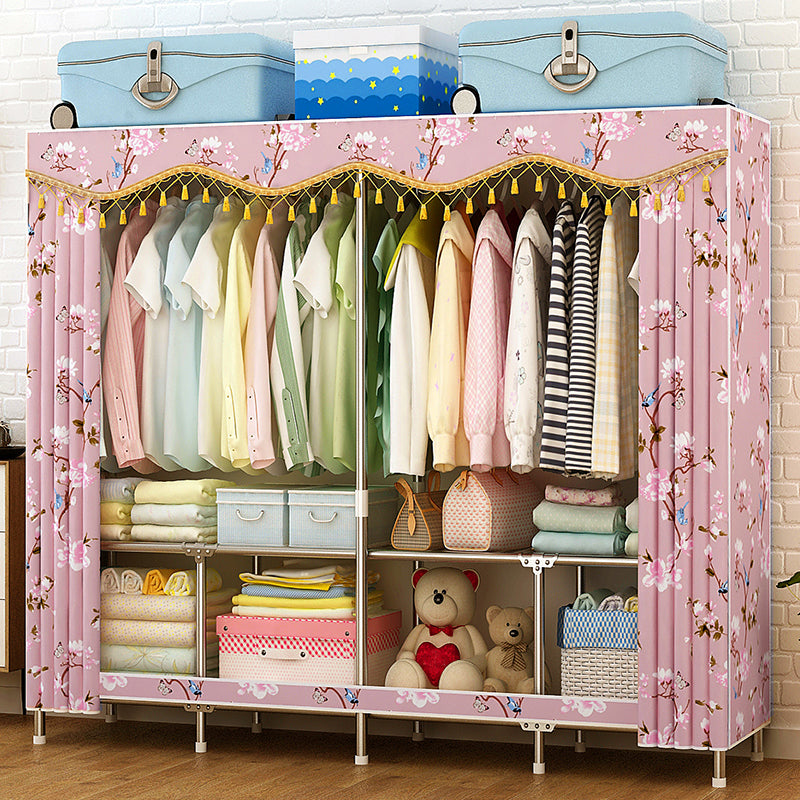 Contemporary Folding Wardrobe Cabinet Metal Frame Wardrobe with Shelves 61"L x 19"W x 63"H Pink Clearhalo 'Armoires & Wardrobes' 'armoires_wardrobes' 'Bedroom Furniture' 'furn' 'furn_armoires_wardrobes' 'Furniture' 5618697