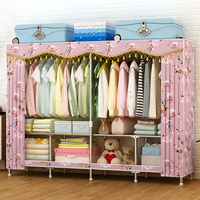 Contemporary Folding Wardrobe Cabinet Metal Frame Wardrobe with Shelves 75"L x 19"W x 63"H Pink Clearhalo 'Armoires & Wardrobes' 'armoires_wardrobes' 'Bedroom Furniture' 'furn' 'furn_armoires_wardrobes' 'Furniture' 5618699