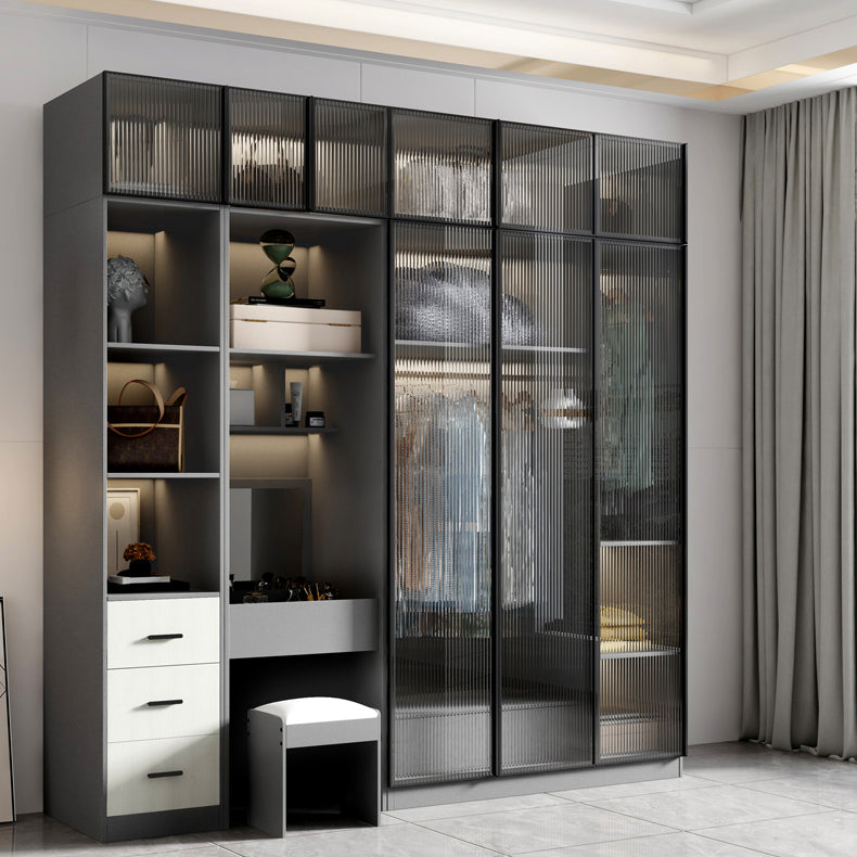 Glass and Wood Wardrobe Cabinet Modern Hinged Wardrobe Armoire