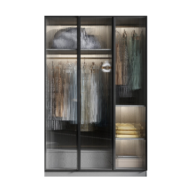 Glass and Wood Wardrobe Cabinet Modern Hinged Wardrobe Armoire
