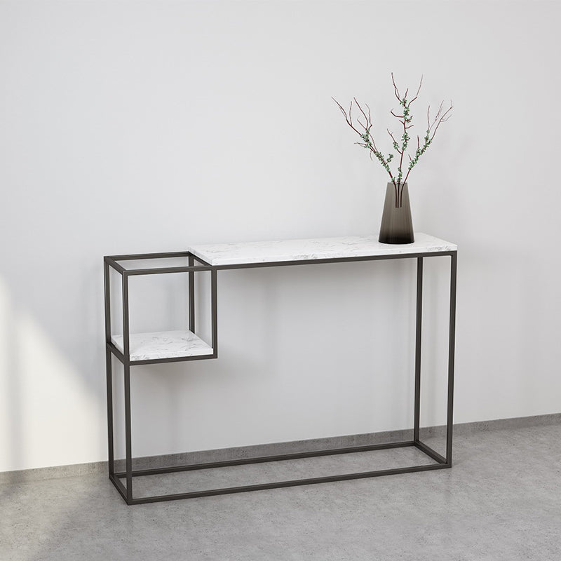Tabella della console superiore in marmo rettangolo con scaffale di stoccaggio e base di ferro