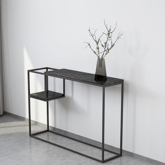Tabella della console superiore in marmo rettangolo con scaffale di stoccaggio e base di ferro