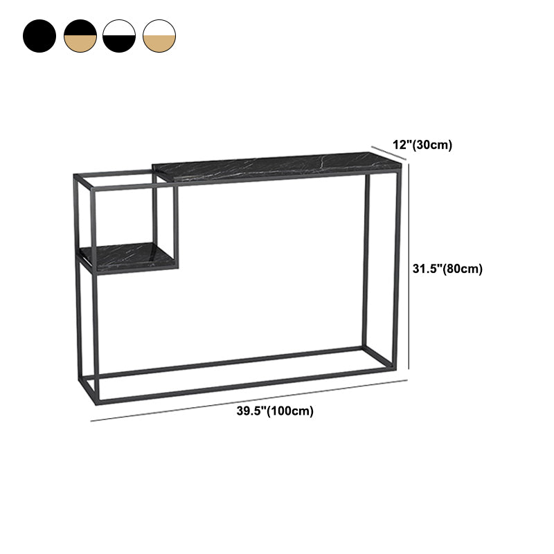 Tabella della console superiore in marmo rettangolo con scaffale di stoccaggio e base di ferro