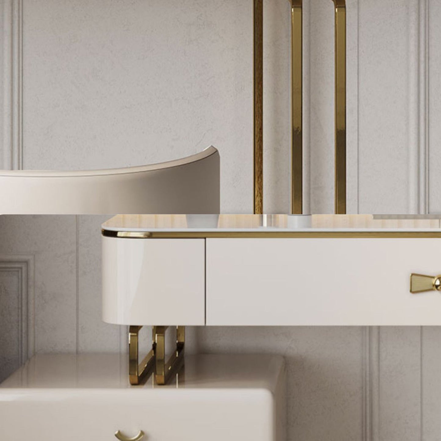 Beige luxueuze ijdelheidsset met ontlasting 2/4 opslagladen Kremmertje