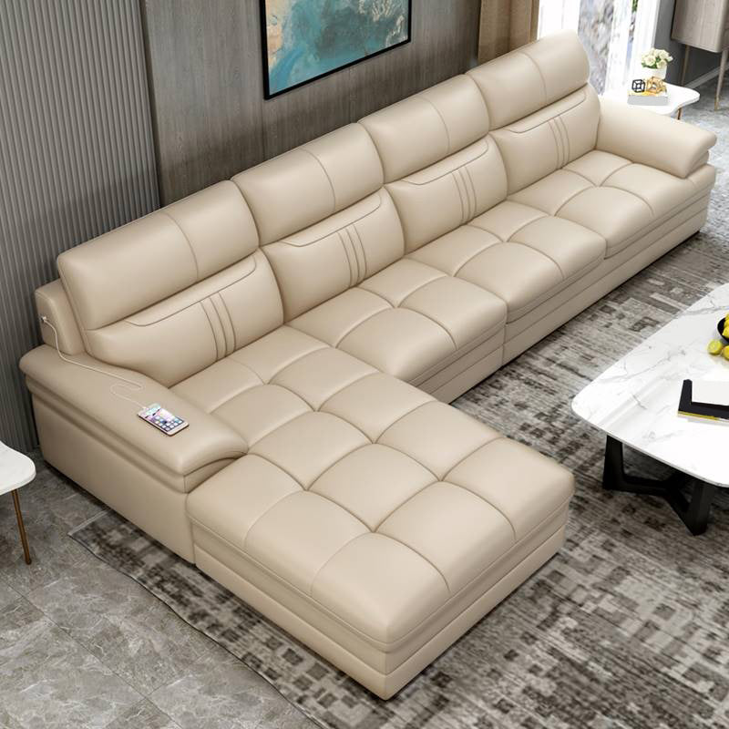 Sofá de brazo empotrado de cuero genuino de crema estacionaria contemporánea