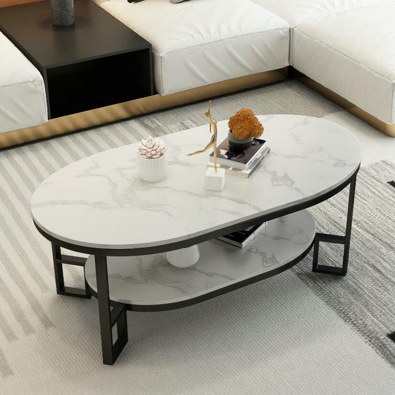 Glam 17.7" H Oval Slate Coffee Table Iron Frame Cocktail Table 47"L x 24"W x 18"H Black Floralwhite Clearhalo 'Coffee & Accent Tables' 'Coffee Tables' 'coffee_tables' 'furn' 'furn_coffee_tables' 'Furniture' 'Living Room Furniture' 5629157