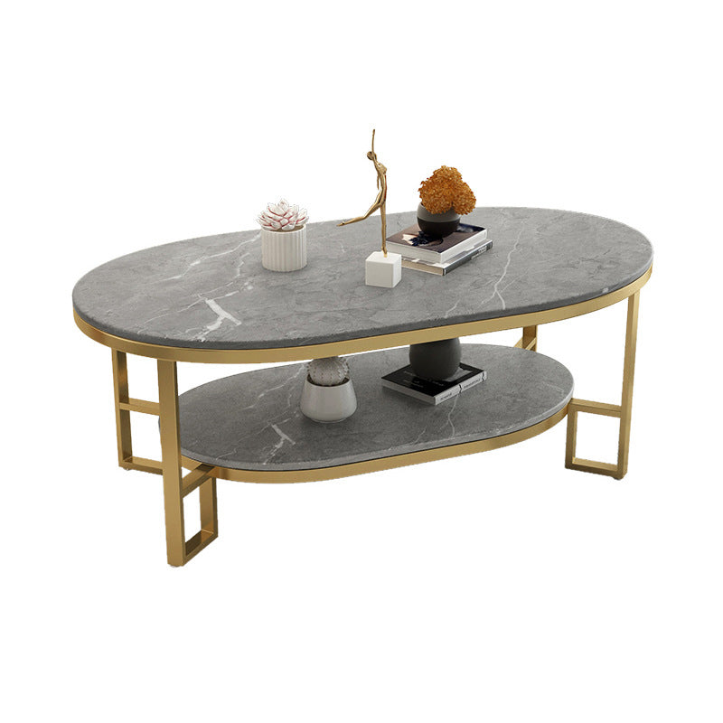 Glam 17.7" H Oval Slate Coffee Table Iron Frame Cocktail Table 39.5"L x 19.5"W x 18"H Gold Gray Clearhalo 'Coffee & Accent Tables' 'Coffee Tables' 'coffee_tables' 'furn' 'furn_coffee_tables' 'Furniture' 'Living Room Furniture' 5629158