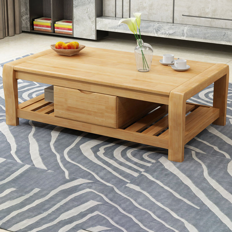 Rectangular 4 Legs Base Solid Wood Table Nordic Style Coffee Table with Drawers