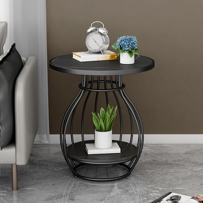 Modern Round Slate Top Side Table Steel Frame End Table with Shelf