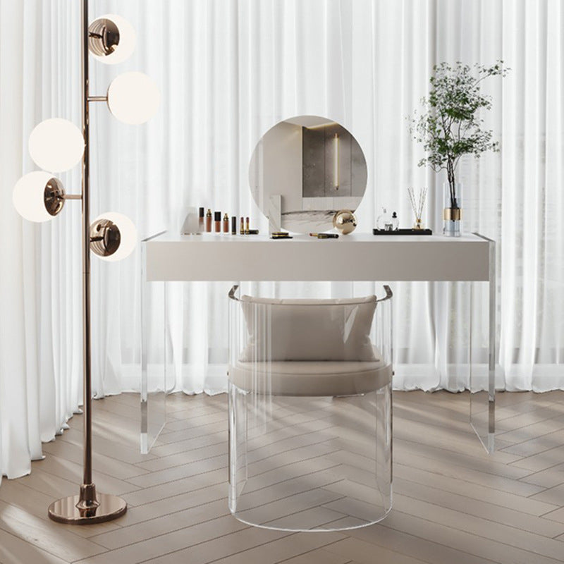 Mirrored Wood Makeup Dressing Table Modern Style Stool Set in White Makeup Vanity & Mirror & Stools 39"L x 18"W x 30"H Clearhalo 'Bedroom Furniture' 'furn' 'furn_makeup_vanities' 'Furniture' 'Makeup Vanities' 'makeup_vanities' 5631159